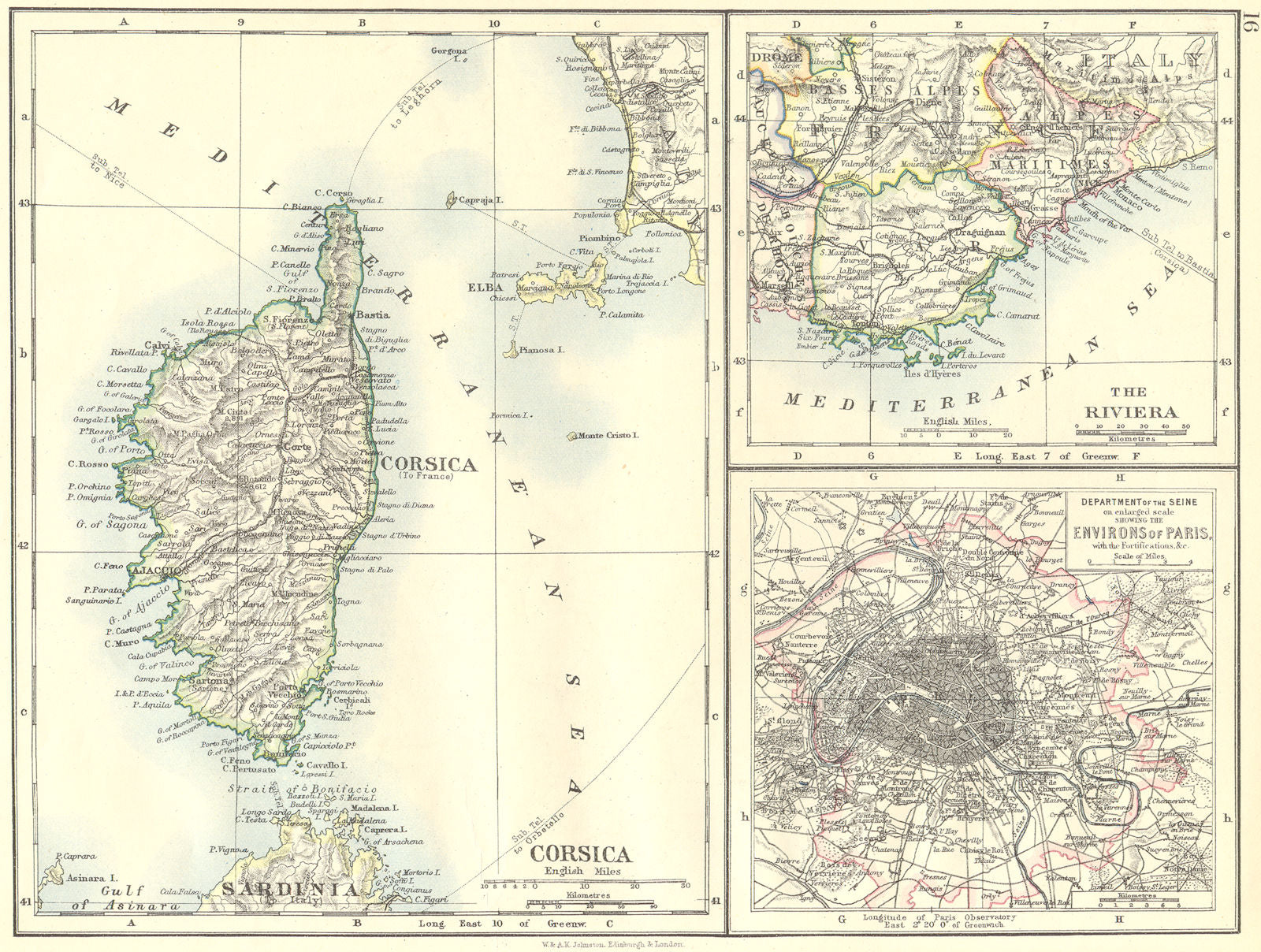 FRANCE. Corsica; Riviera; Dept of Seine, enlarged area Paris with Fort 1897 map